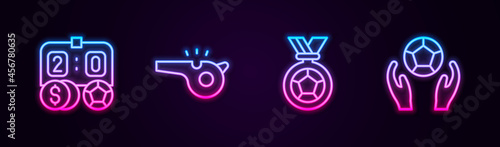 Set line Football betting money, Whistle, or soccer medal and Soccer football. Glowing neon icon. Vector