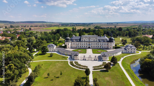 View of L Huillier-Coburg Palace and surroundings.  Edel  ny is the seventh largest palace in Hungary. Europe