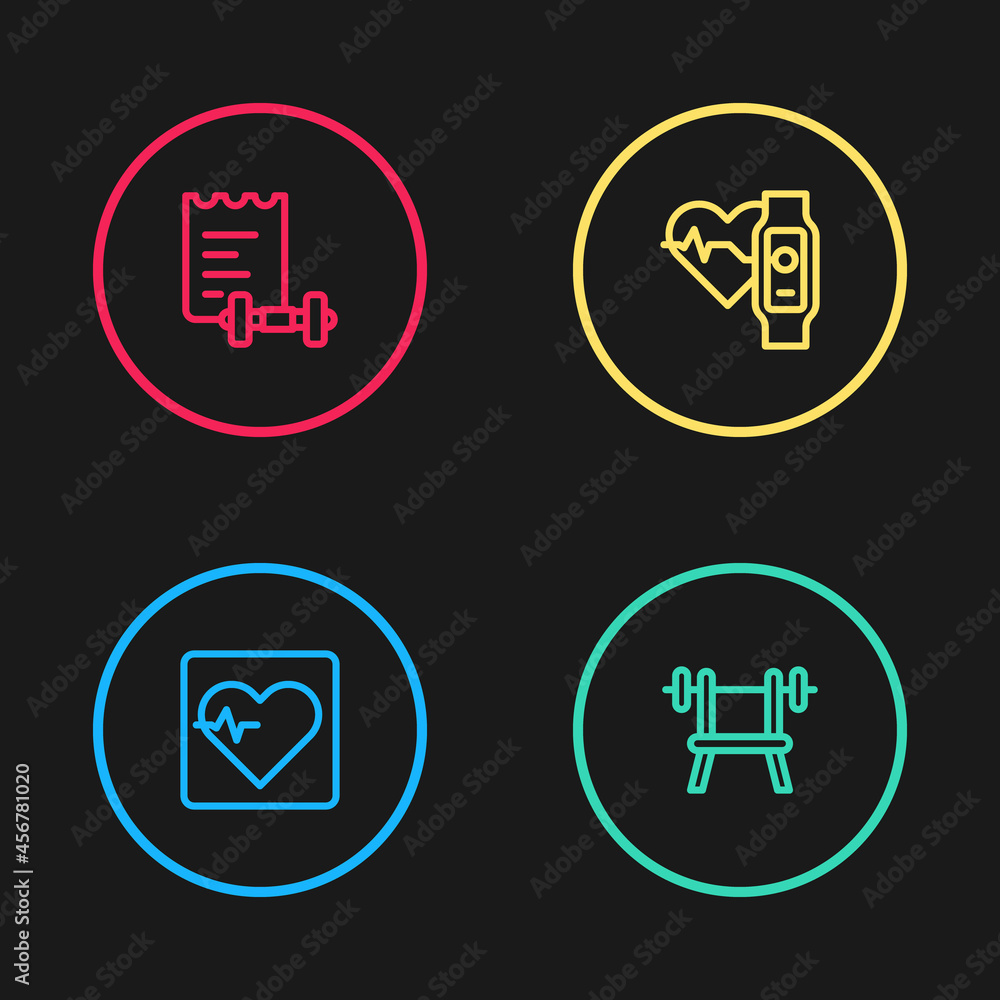 Set line Heart rate, Bench with barbell, Smart watch heart and Sport training program icon. Vector Set line Heart rate, Bench with barbell, Smart watch heart and Sport training program icon. Vector
