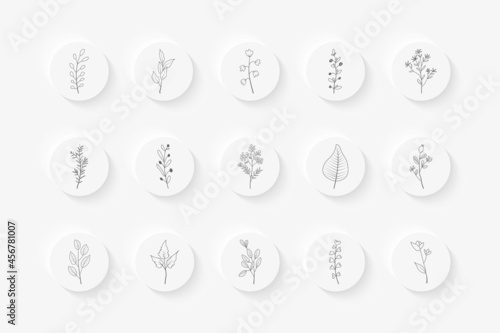 Hand drawn outline floral icon set.