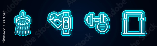 Set line Shower, Smart watch with heart, Dumbbell and Sport horizontal bar. Glowing neon icon. Vector