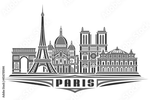 Vector illustration of Paris, monochrome horizontal poster with linear design famous paris city scape, urban line art concept with unique decorative letters for black word paris on white background.