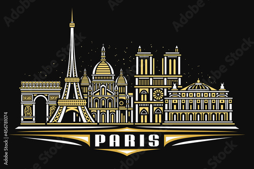 Vector illustration of Paris, black horizontal poster with linear design illuminated paris city scape, european urban line art concept with decorative lettering for word paris on dark background.