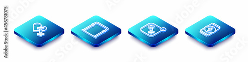 Set Isometric line Dumbbell with heart, Sport horizontal bar, Fitness app and Energy drink icon. Vector