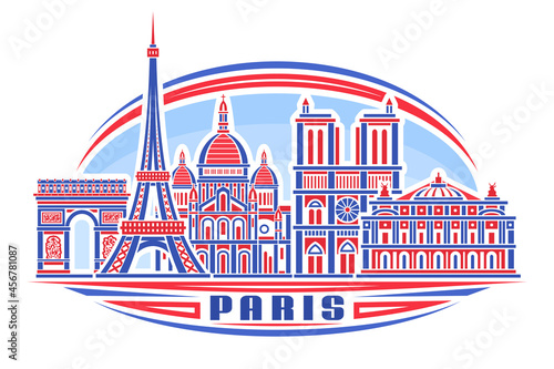 Vector illustration of Paris, horizontal poster with linear design famous paris city scape on day sky background, historic urban line art concept with decorative lettering for blue word paris on white