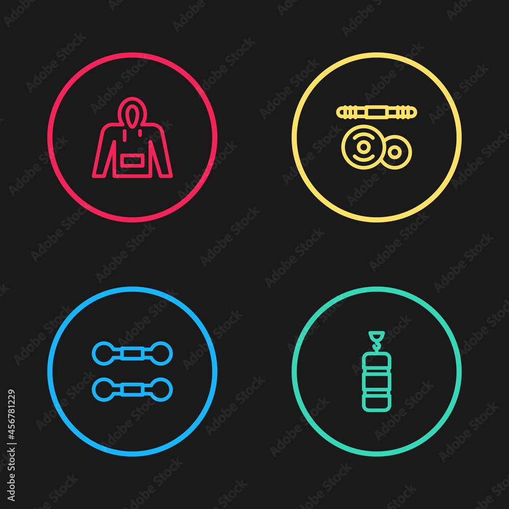 Set line Dumbbell, Punching bag, Barbell and Hoodie icon. Vector Set line Dumbbell, Punching bag, Barbell and Hoodie icon. Vector