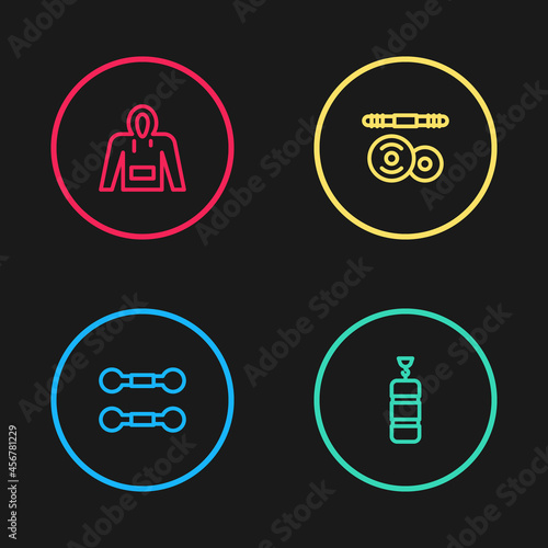 Set line Dumbbell, Punching bag, Barbell and Hoodie icon. Vector