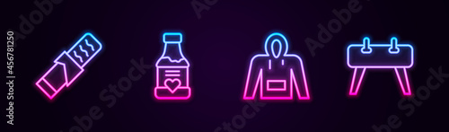 Set line Protein sport bar, Vitamins, Hoodie and Pommel horse. Glowing neon icon. Vector