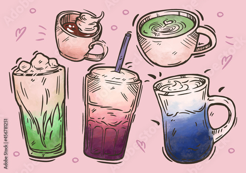Color coffee illustration. Hand drawn sketch. Cappuccino, latte, americano, espresso, Viennese coffee, matcha tea. Drink collection card menu design. Vector color set. Green, blue, pink.