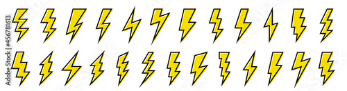 Lightning flat icons set. Outline and silhouette flash symbols. Lightning  high voltage or charge signs. Vector elements.