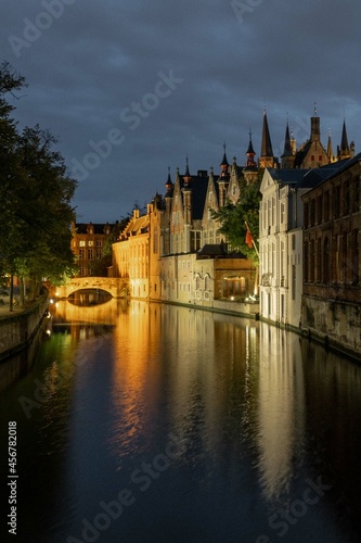 Bruges, Belgium. September 30, 2019: Arched bridge in the canals of Bruges.