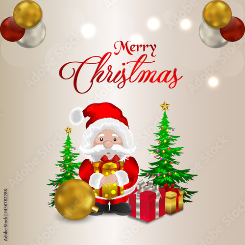 Vector illustration of merry christmas celebration greeting card with santa clous with creative gifts and christmas tree