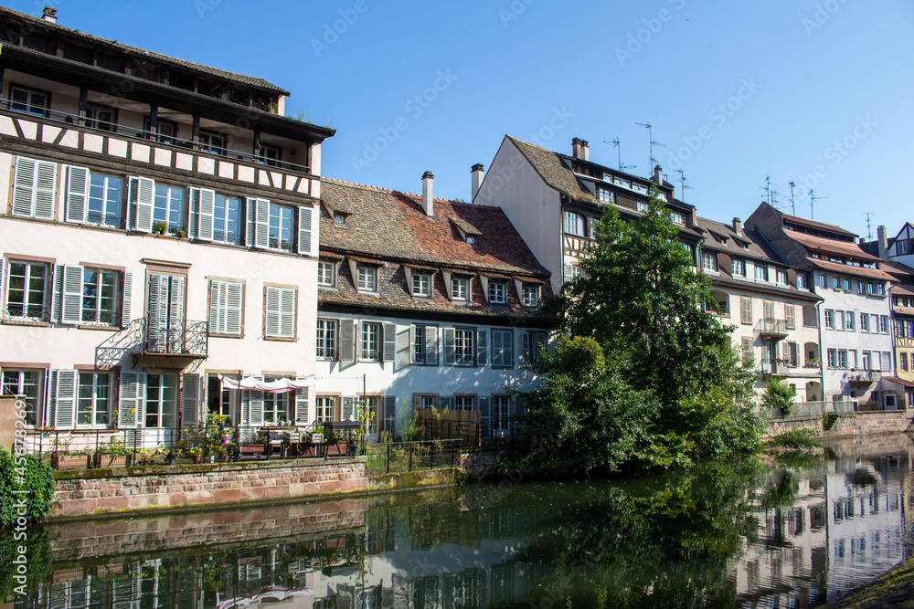 Beautiful French and German style traditional half-timber framed homes along the tranquil River Ill in Strasbourg, France