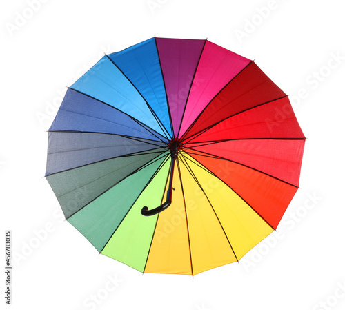 Stylish open bright umbrella isolated on white