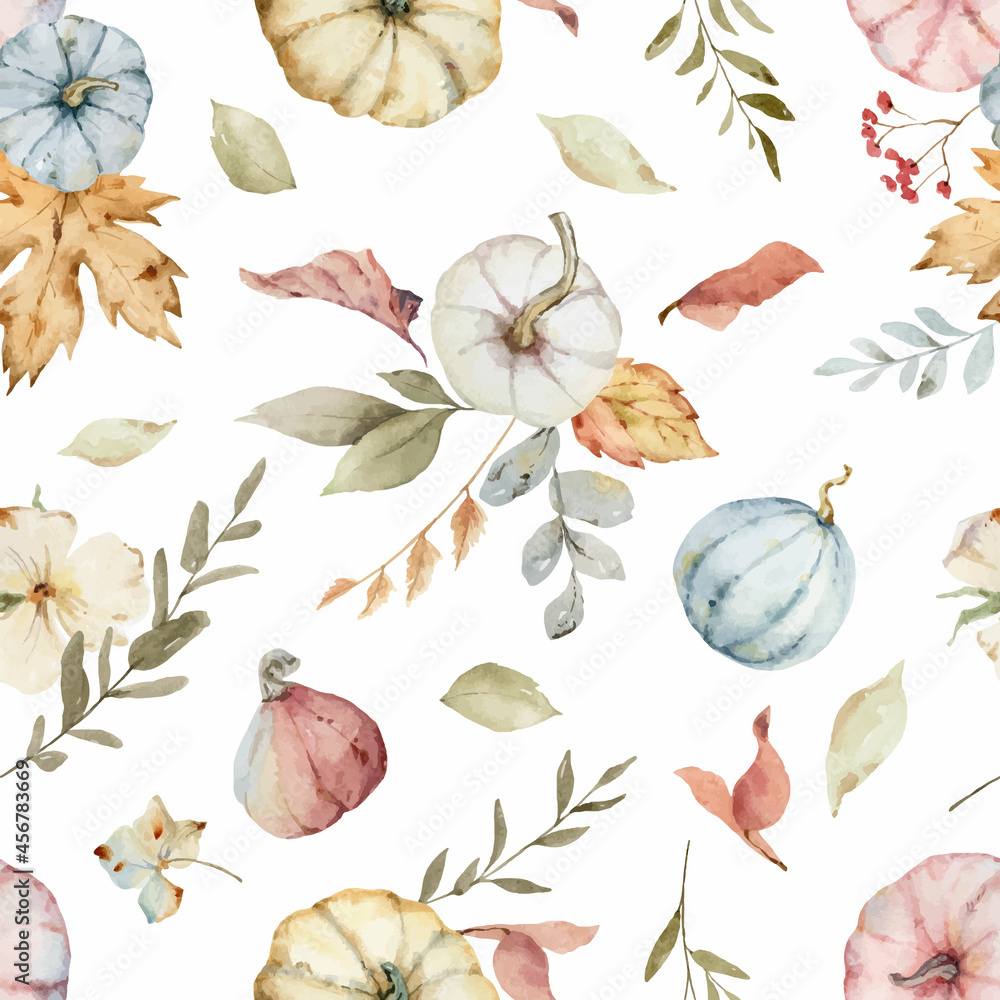 Watercolor vector seamless pattern with colorful pumpkins and leaves.