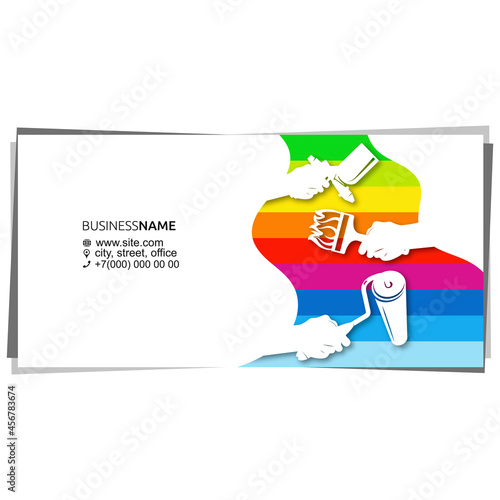 Painting tools in hand of painter business card