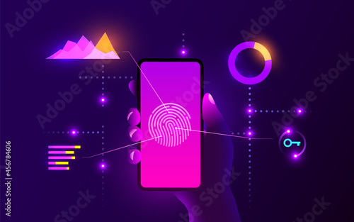 Mobile data security concept. Hand holding mobile smartphone with fingerprint scanner. Internet security. Fingerprint access, fingerprint on smartphone screen. Vector illustration