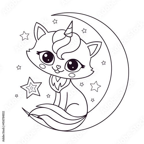 Cute kitten unicorn sits on the moon. Black and white linear drawing For the design of coloring books, prints, posters, postcards, stickers, etc. Vector