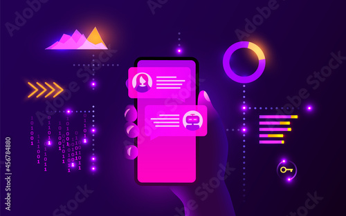 Chat bot concept. Hand holds smartphone and communicates with a chat bot. Futuristic neon style.