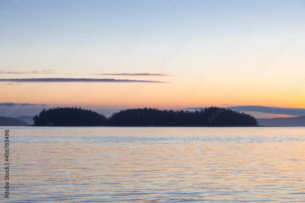 Gulf Islands on the West Coast of Pacific Ocean. Canadian Nature Landscape Background. Summer Sunrise. Victoria, Vancouver Island, BC, Canada.