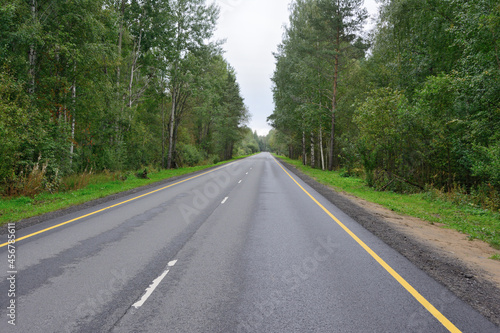 A straight asphalt road with markings  going into the distance and a forest to the side