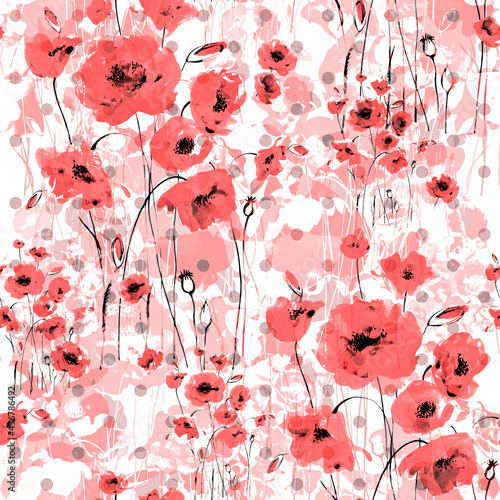  Abstract floral seamless pattern painted by brush field poppies. retro print.  © Irina Chekmareva