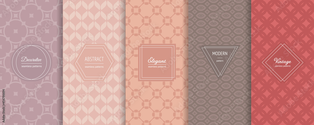 Vintage geometric seamless patterns. Vector set of stylish pastel backgrounds with elegant minimal labels. Abstract modern ornament texture. Trendy nude color palette. Design for print, decor, package - obrazy, fototapety, plakaty 