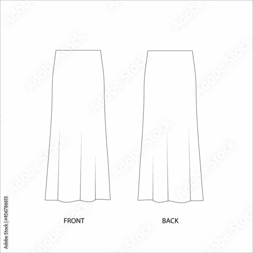 Skirt technical sketch, vector. Midi skirt template design. Lingerie style midi skirt. 