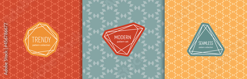 Vector abstract seamless pattern set with stylish labels, badges. Stylish cover designs. Abstract texture with floral geometric ornament. Background templates in trendy colors, muted red, yellow, teal