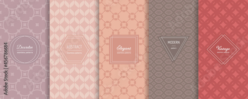 Vintage geometric seamless patterns. Vector set of stylish pastel backgrounds with elegant minimal labels. Abstract modern ornament texture. Trendy nude color palette. Design for print, decor, package