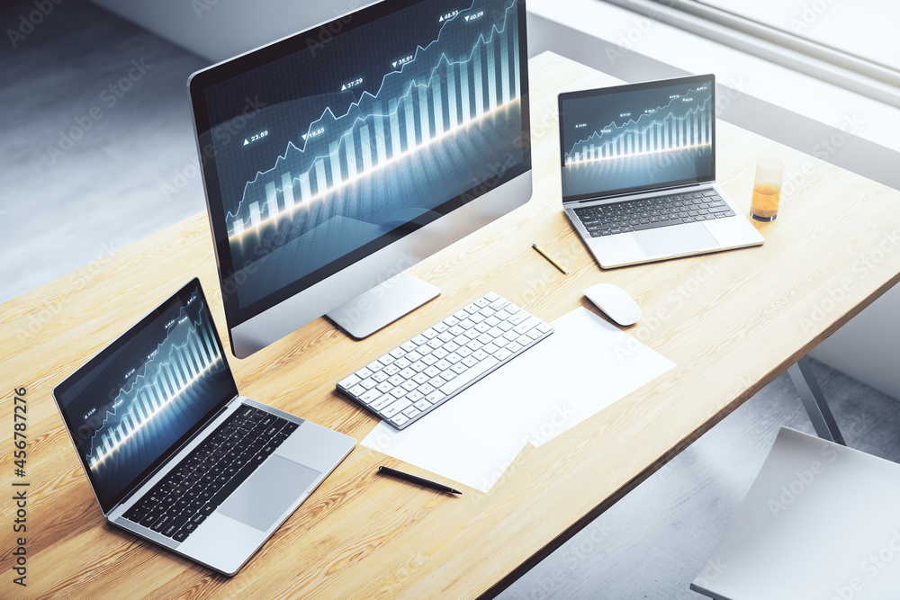 Modern computer screen with abstract creative financial chart, research and analytics concept. 3D Rendering Modern computer screen with abstract creative financial chart, research and analytics concept. 3D Rendering