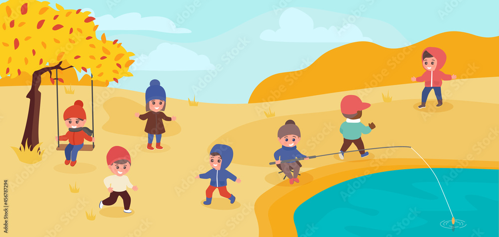 Happy kids playing outdoor in Autumn park. Children walking outside and have fun together. Flat vector illustration.