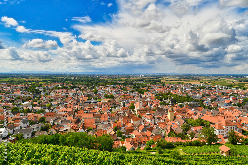 Old town called Schriesheim viewed from Odenwald mountain forest in Germany
