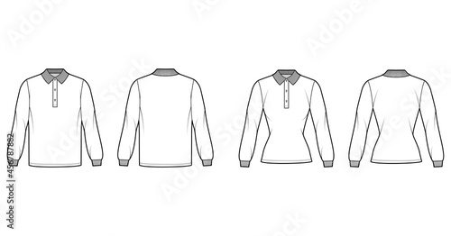 Set of Shirt polo technical fashion illustration with long sleeves, fitted oversized body, henley button neck, flat knit collar. Apparel top outwear template front, back, white color. Women, men CAD