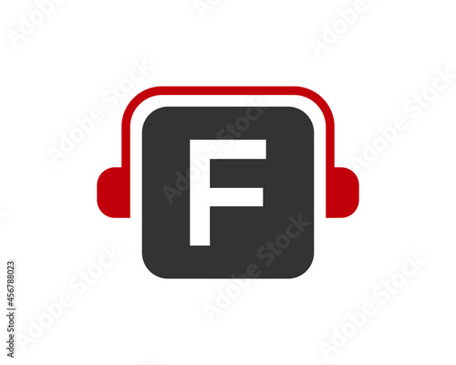Headphone Logo On F Letter. Letter F Music Logo Design Template Headphone Concept