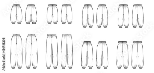Set of Shorts Sweatpants technical fashion illustration with elastic cuffs, normal low waist, midi knee full ankle length. Flat joggers trousers template front, back, white color. Women men mockup