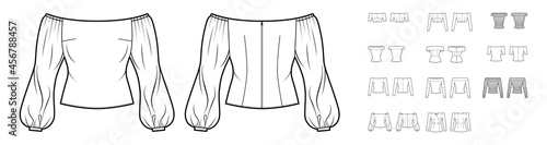 Set of tops off-the-shoulder shirts, blouses technical fashion illustration with fitted body, short elbow long sleeves. Flat apparel template front, back, white color. Women, men unisex CAD mockup
