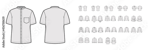 Set of Shirts mandarin turtleneck collar technical fashion illustration with long short elbow sleeves with cuff. Flat apparel top outwear template front, back grey color. Women, men, unisex CAD mockup