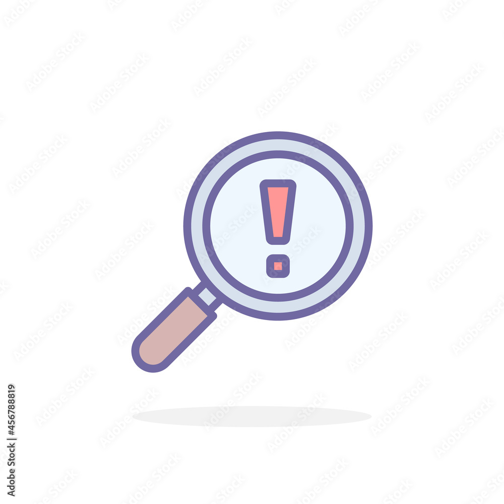 Magnifier with exclamation mark icon in filled outline style. Magnifier with exclamation mark icon in filled outline style.