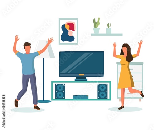 Happy couple enjoying relocation. Housewarming party celebration after moving to new home, vector illustration.