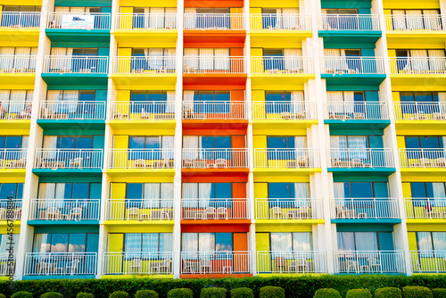 Fotografia, Obraz Architectural image of colorful building with balconies and windows