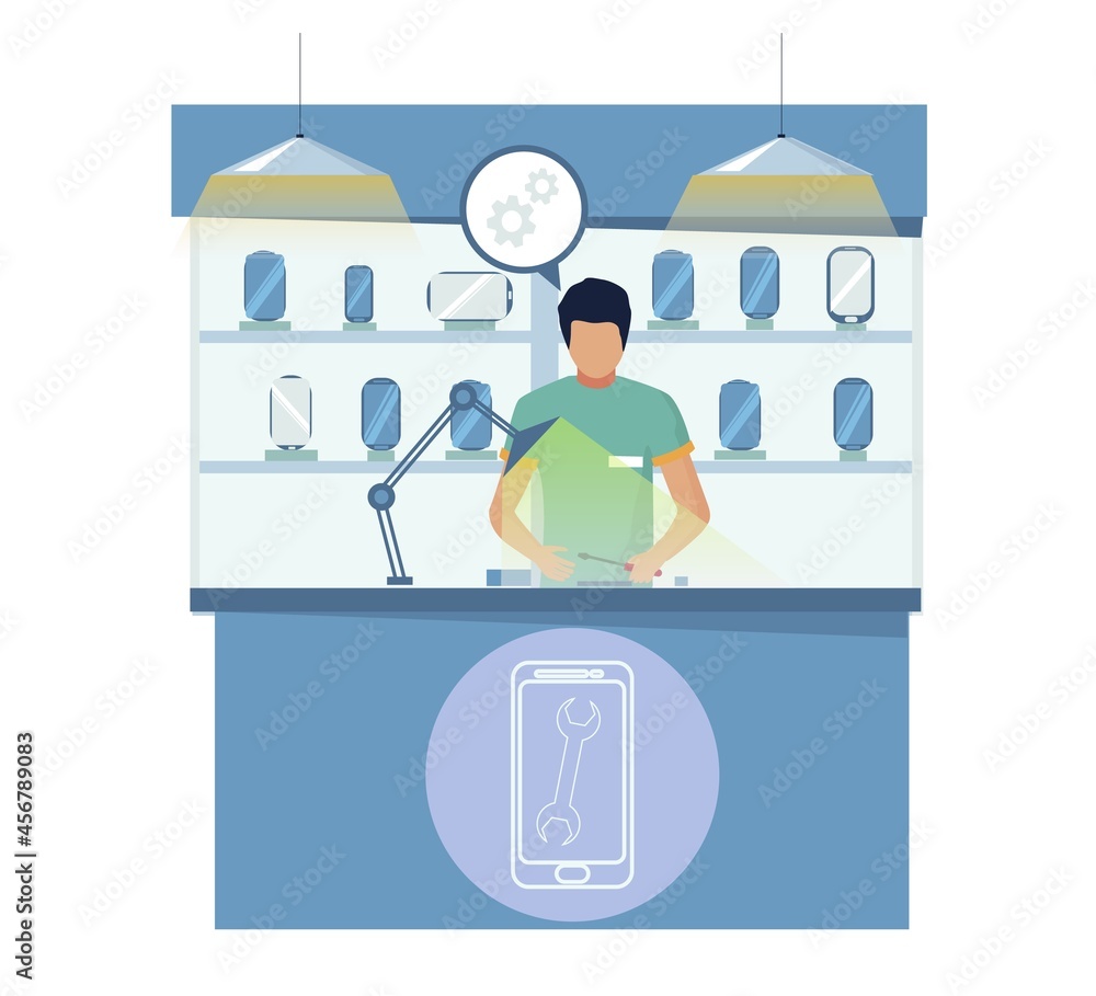 Mobile service center. Repairmen fixing broken cell phone, vector illustration. Mobile phone repair shop. Mobile service center. Repairmen fixing broken cell phone, vector illustration. Mobile phone repair shop.