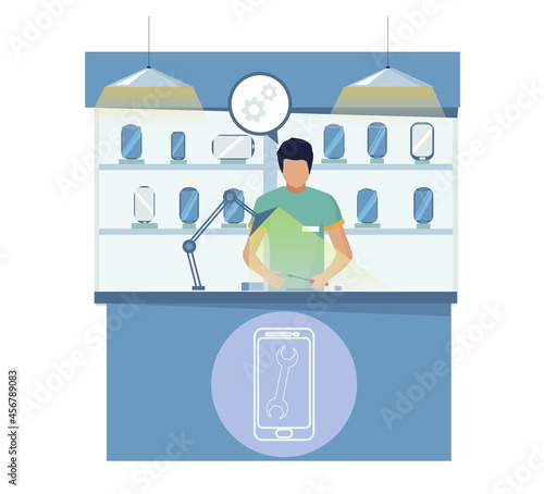 Mobile service center. Repairmen fixing broken cell phone, vector illustration. Mobile phone repair shop.