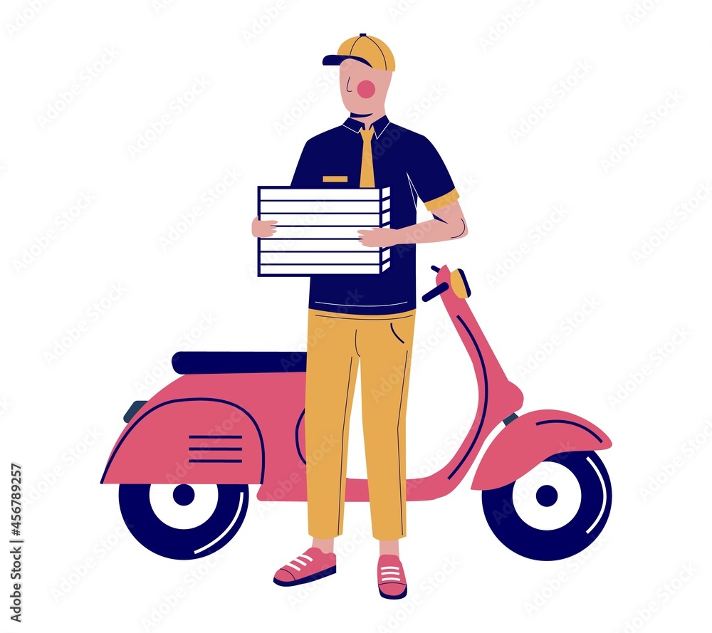 Delivery man with pizza boxes standing in front of motor scooter, vector illustration. Pizza delivery concept.