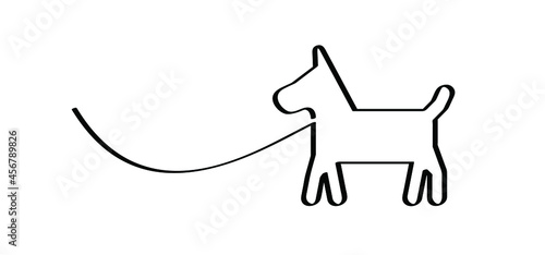 Walking with the dog, dogs leash. Cartoon walk with hound and lead icon. Flat vector stick figure dog pictogram. black silhouette of a dog. Stickfigure or stickman logo. Line pattern