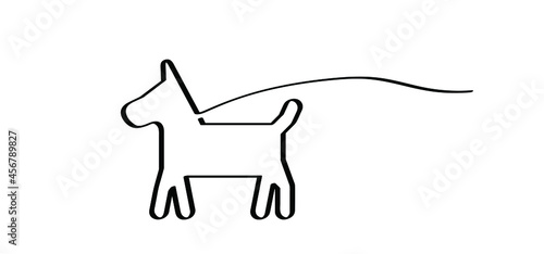 Walking with the dog, dogs leash. Cartoon walk with hound and lead icon. Flat vector stick figure dog pictogram. black silhouette of a dog. Stickfigure or stickman logo. Line pattern