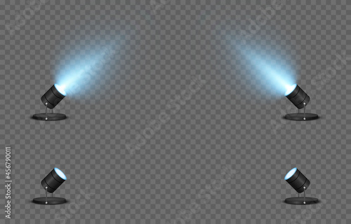 Vector set of light. Light source, studio lighting, walls, png. Blue light. Spot lighting, spotlight PNG. Rays, light effect.