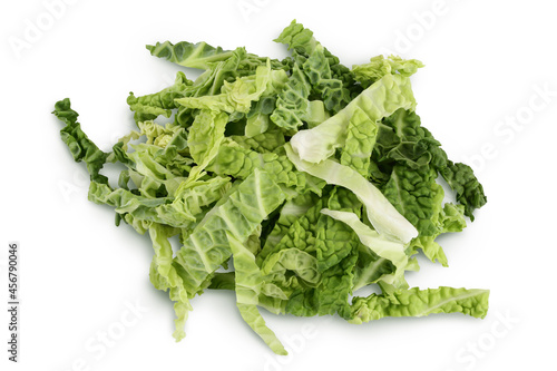 chopped savoy cabbage isolated on white background with clipping path and full depth of field. Top view. Flat lay