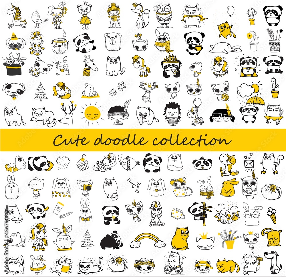 Cute doodle collection. Simple design of cute animals, birds, flowers and other elements perfect for kid's card, banners, stickers and other kid's things.