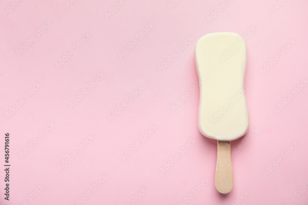 Ice cream with glaze on pink background, top view. Space for text Ice cream with glaze on pink background, top view. Space for text